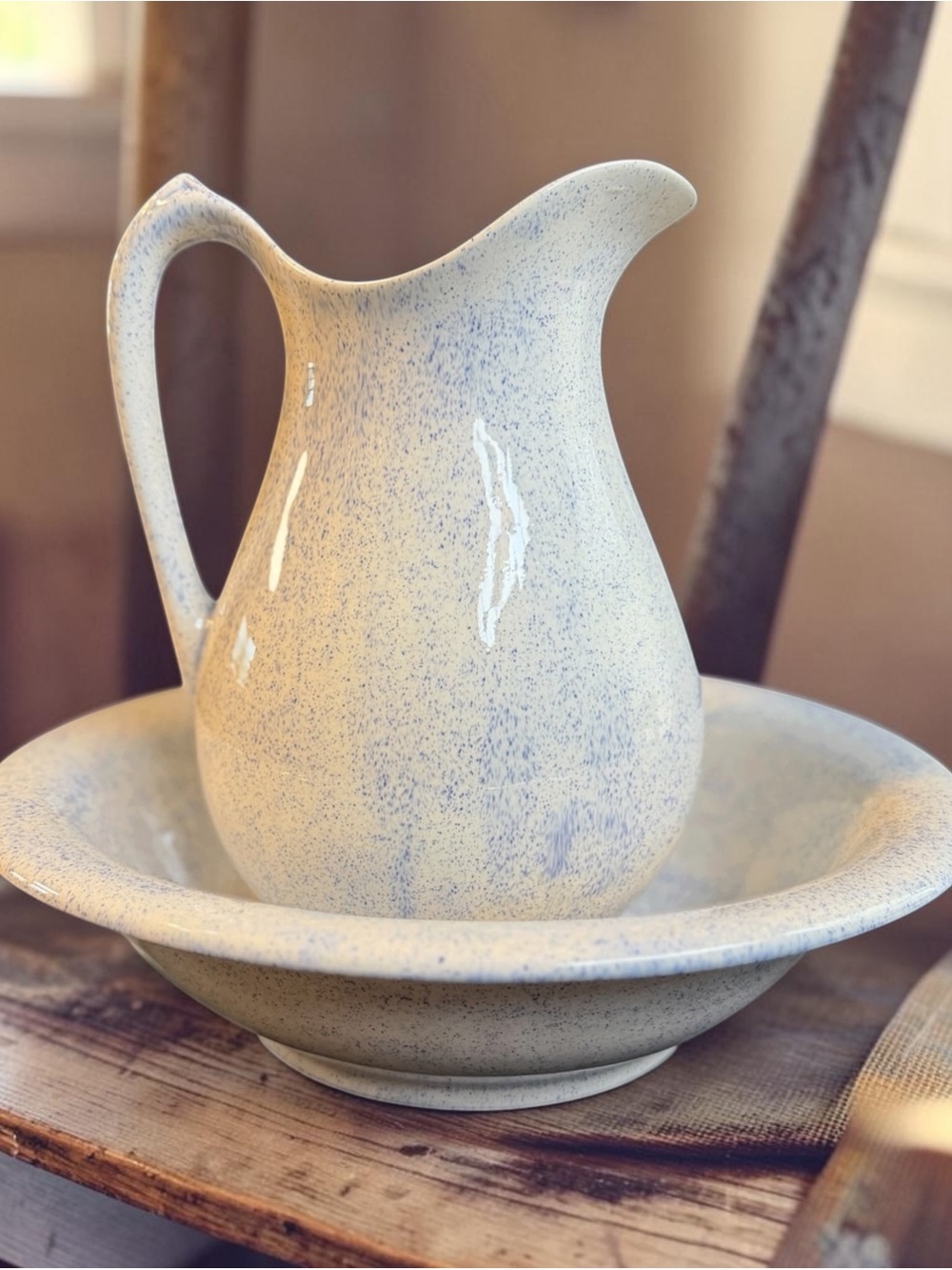 Robinson-Ransbottom Speckled White and Blue Pitcher with Basin